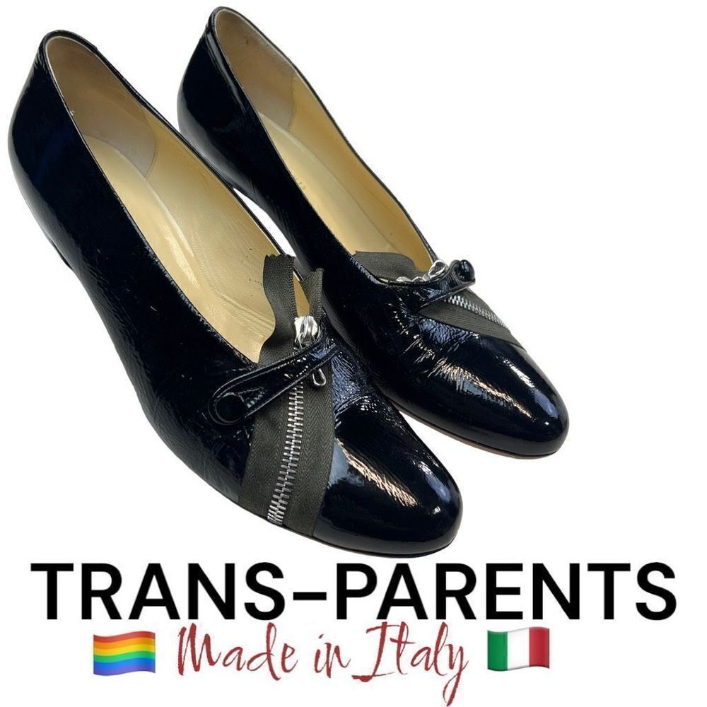 Trans-parents Pump Shoes Women's 40 Black Leather Slip-On Zippered Almond Toe